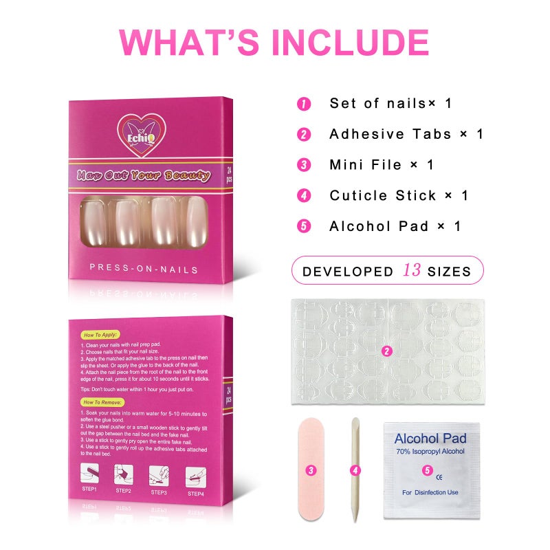 EchiQ Pearl Shine Glossy Fake Nails Shimmer White Square French Nail Ombre Faux Ongles Gradient Medium Fingernails with Gluetabs - Image 3